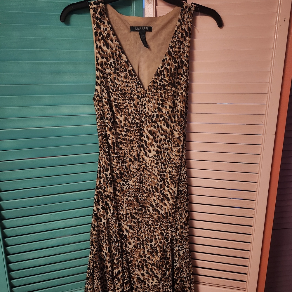 LAUREN Ralph Lauren Leopard Print V-Neck Sleeveless Dress - Brown